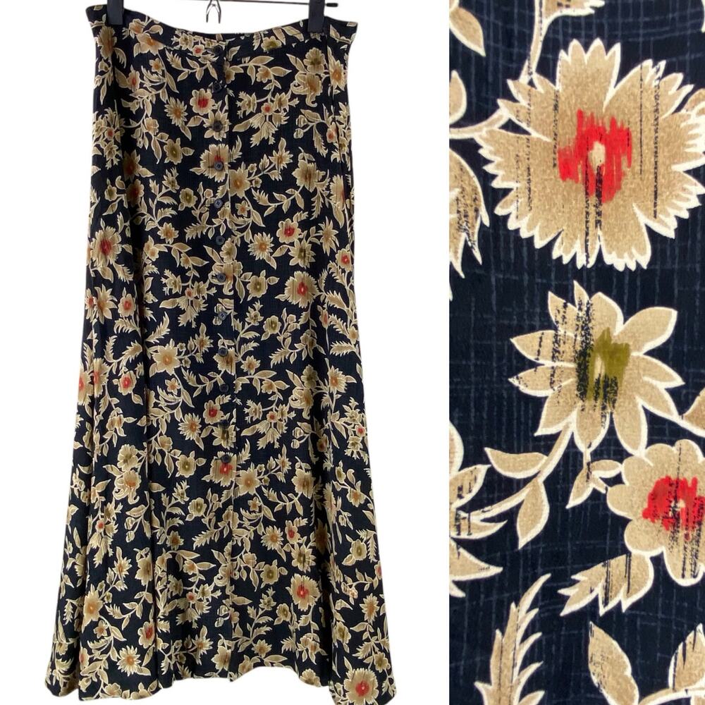 Vintage 100% Silk Floral Maxi Skirt Size 10/12 Black Tan
